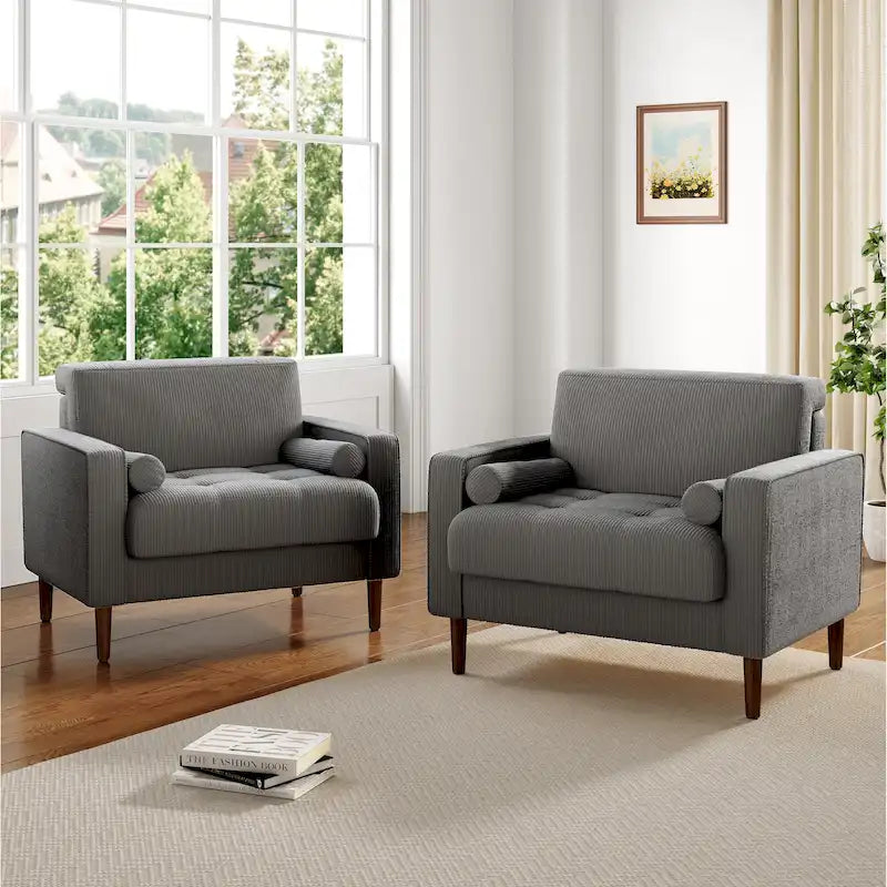 Set of 2 Modern Wide Armchairs in Corduroy - Accent Chairs