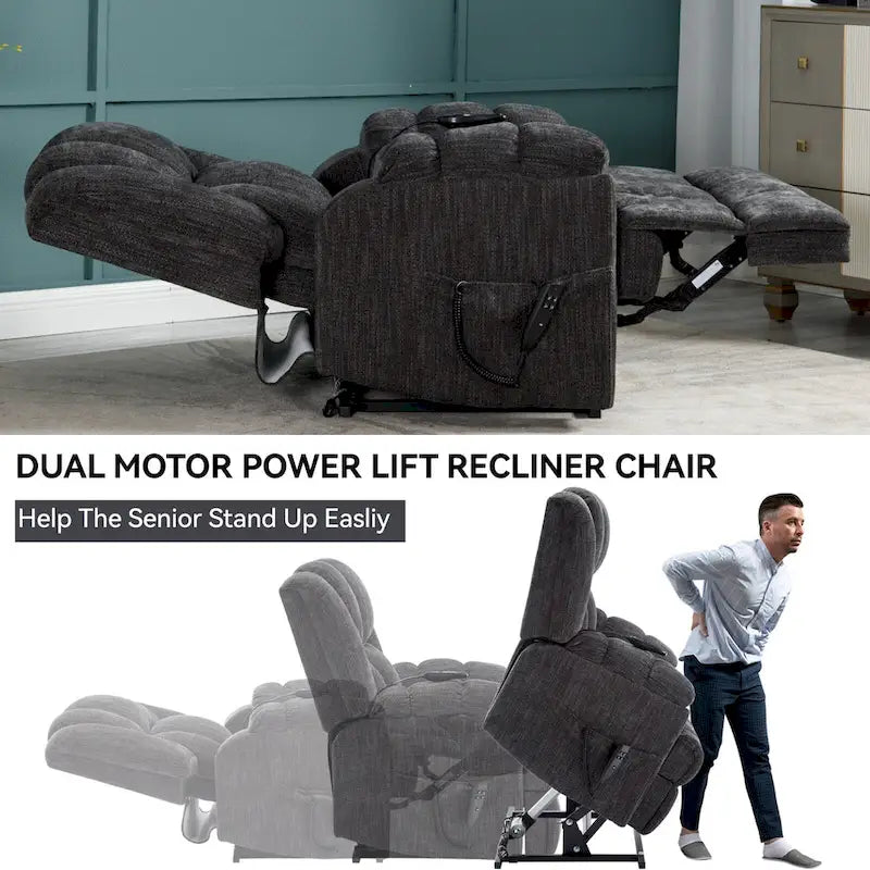 Grey Oversized Chenille Power Lift Recliner with Massage, Heating, and Flat Lay Feature