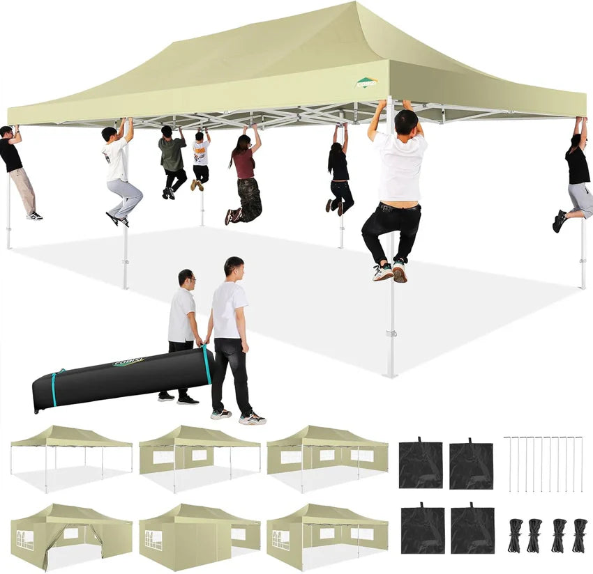 COBIZI 10x20 Heavy Duty Pop up Canopy Tent with 6 sidewalls Easy Up Commercial Outdoor Canopy Wedding Party Tents for Parties All Season Wind & Waterproof Gazebo with Roller Bag,Black(Frame Thickened)