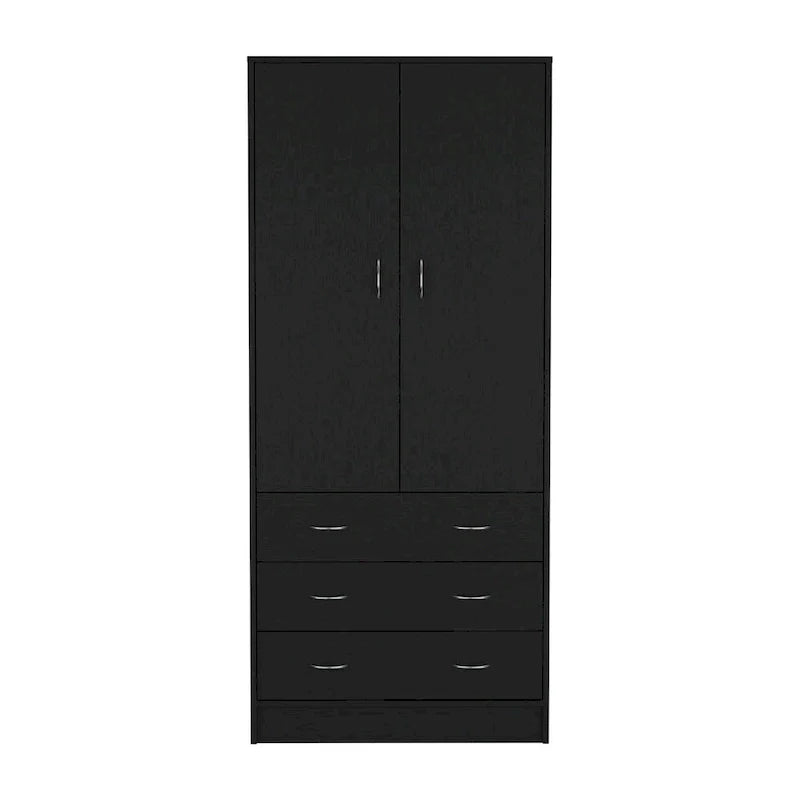19 Modern Double-door Armoire with 3 Drawers and 1 Hanging Rod for Bedroom