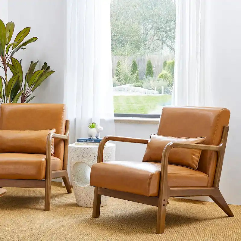 Glitzhome Set of 2 Mid-Century Modern PU Leather Accent Chairs - 30.75H with Cushions (25.75W x 33.75D)