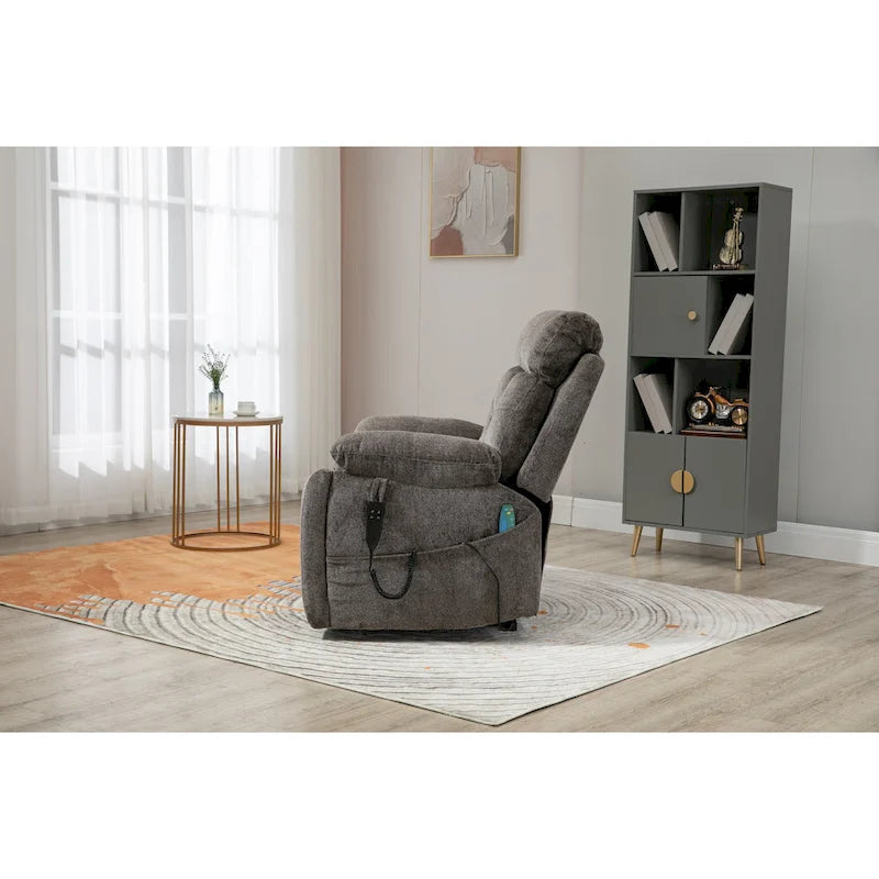 Gray Chenille Power Lift Recliner with Massage and Concealed Cup Holder