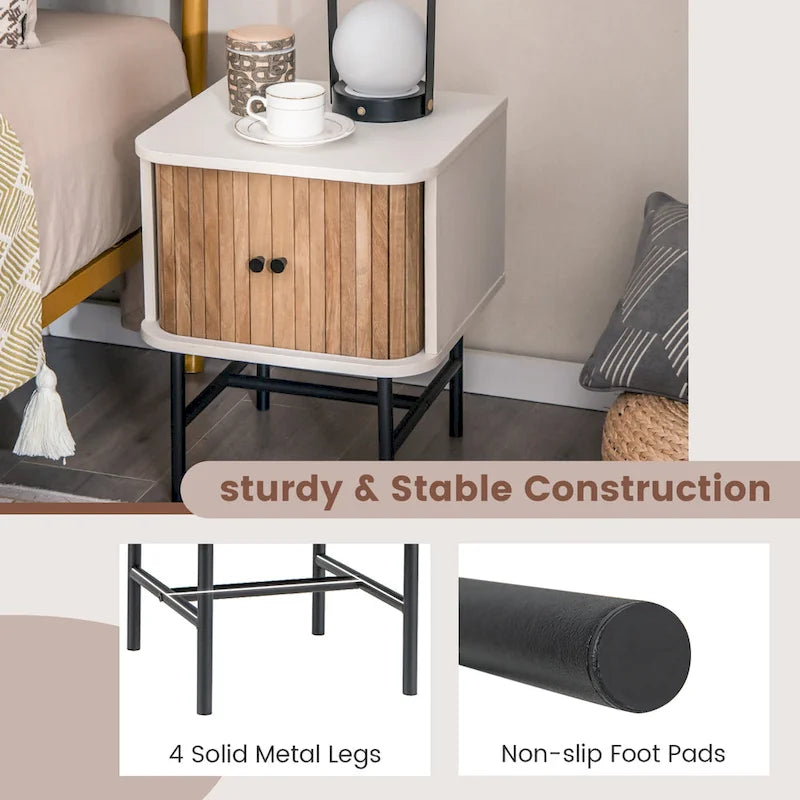 Set of 2 Nightstands with Sliding Doors and Metal Legs