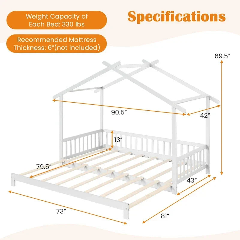 Gymax Twin to King Wooden House Bed Daybed with Safety Rails & Customizable Design