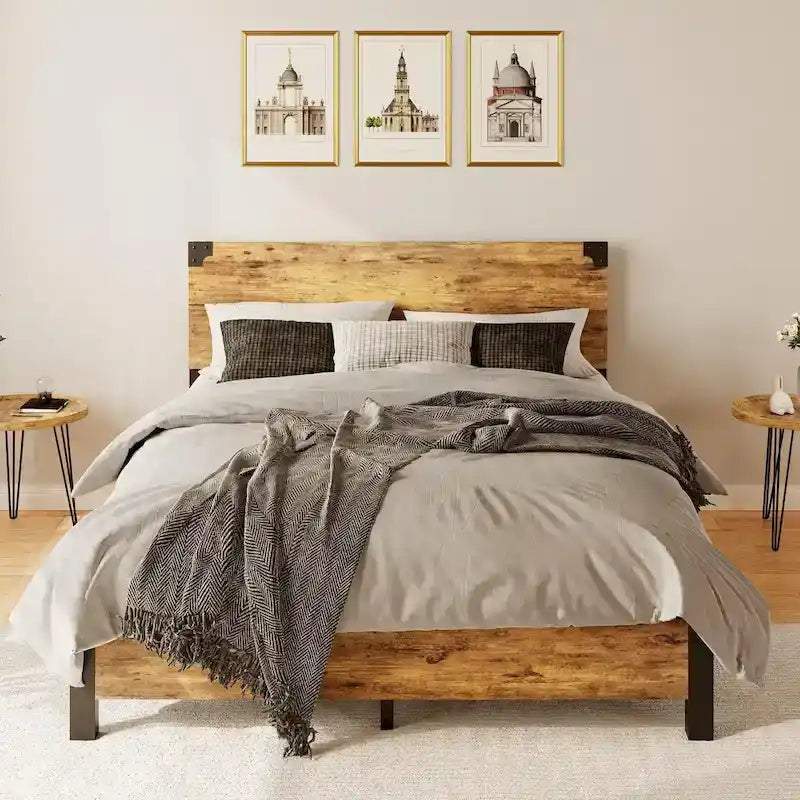 Metal Bed Frame with Wooden Headboard and 4 Storage Drawers