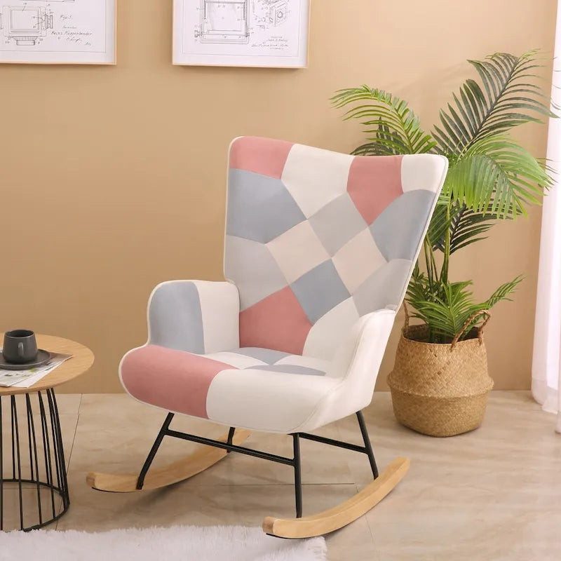 Mid-Century Patchwork Linen Rocking Chair with Wooden Legs