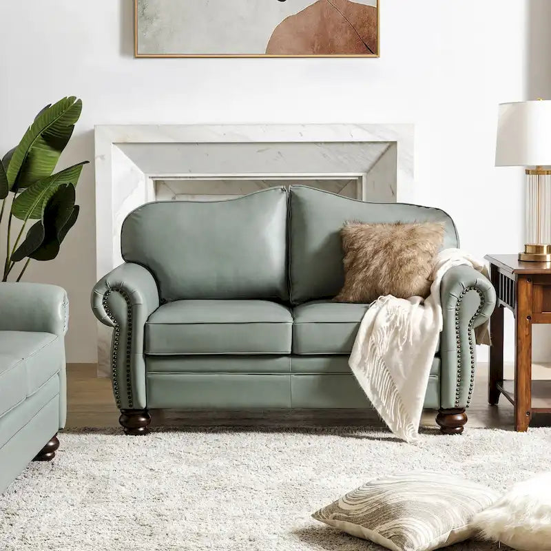 Leather Loveseat Sofa with Rolled Arms and Nailhead Trim
