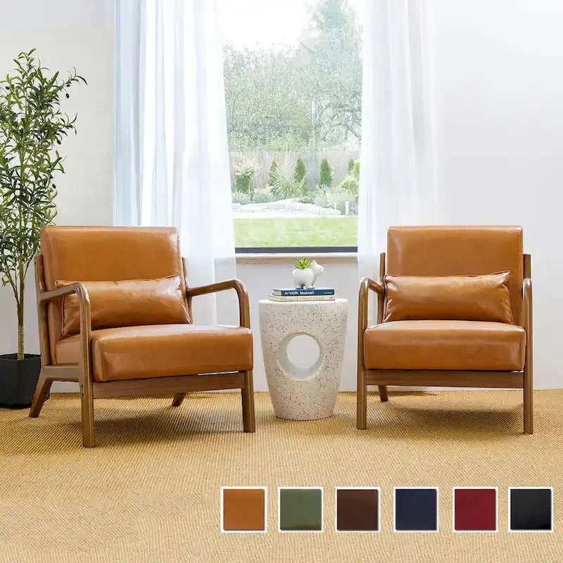 Glitzhome Set of 2 Mid-Century Modern PU Leather Accent Chairs - 30.75H with Cushions (25.75W x 33.75D)