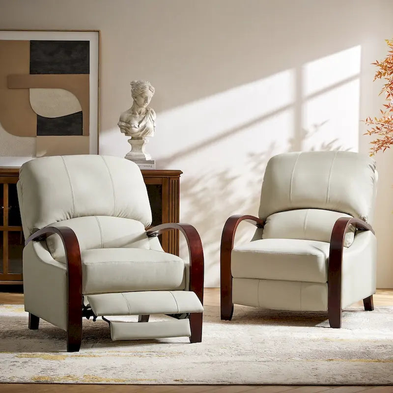 Set of 2 Alex Mid-Century Modern Genuine Leather Manual Recliners with Curved Wooden Arms