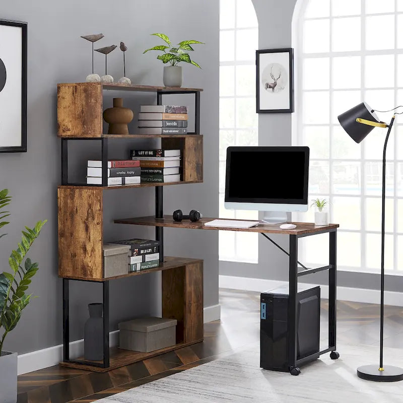 L-Shaped Corner Computer Desk with Rotating Features and 5-Tier Bookshelf for Home Office