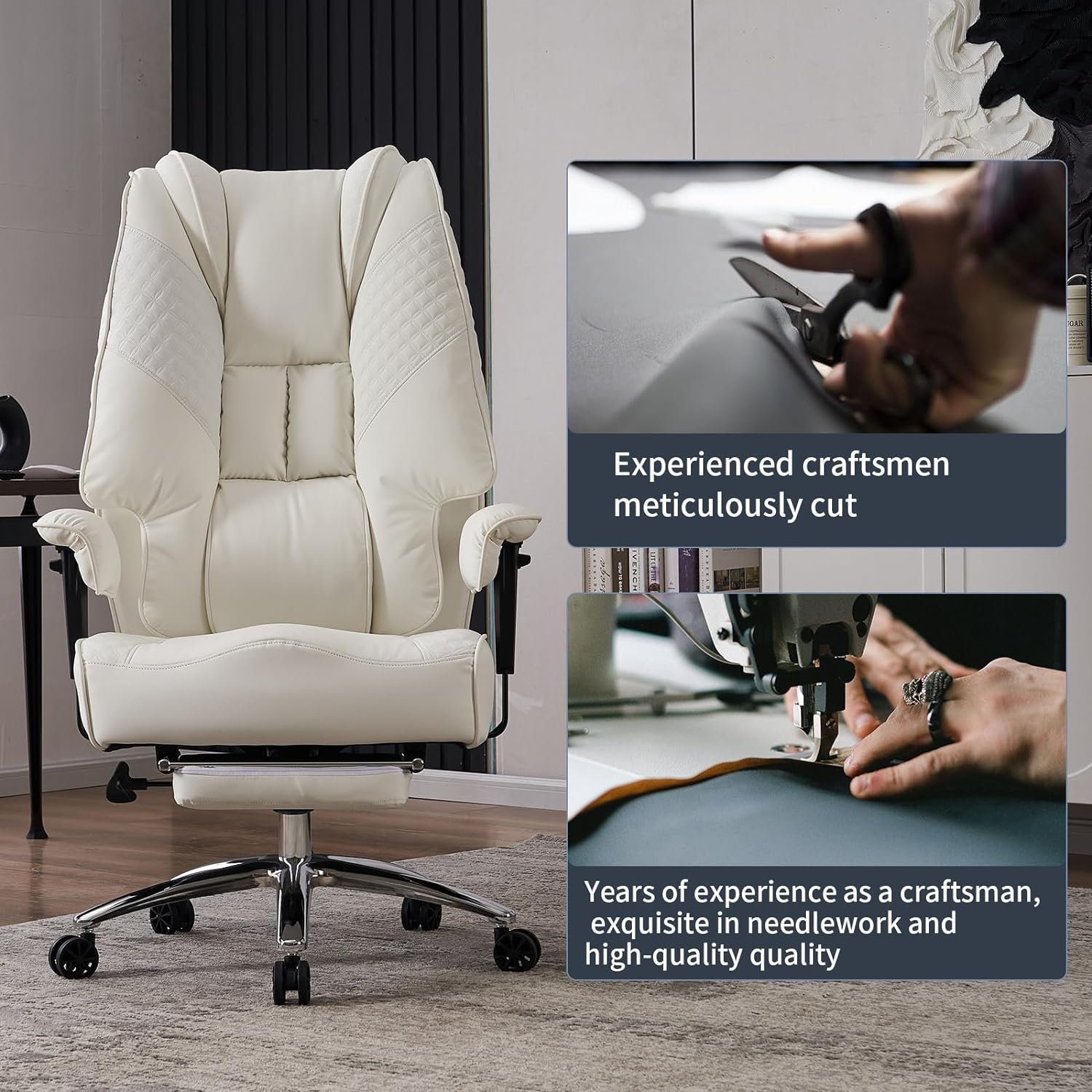 Large Tall Office Chair 400 lbs Wide Seat, Leather High Back Executive Office Chair with Footrest, Ergonomic Office Chair Lumbar Support to Relieve Lower Back Pain (Beige)
