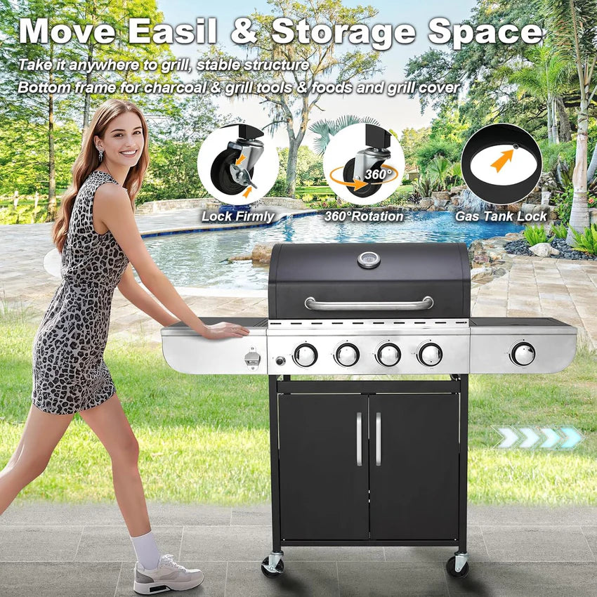 Upgraded 4 Burner BBQ Propane Gas Grill with Cast Iron Grates & Side Stove, 44,000 BTU Stainless Steel Burner Barbecue Grill for Patio, Camping, Outdoor Cooking MELLCOM