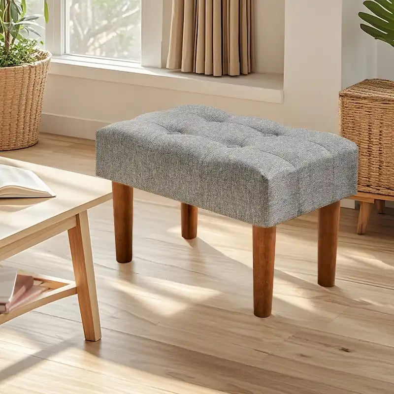 Set of 2 Small Linen Foot Stools with Legs - Rectangle Upholstered Ottoman Footrests