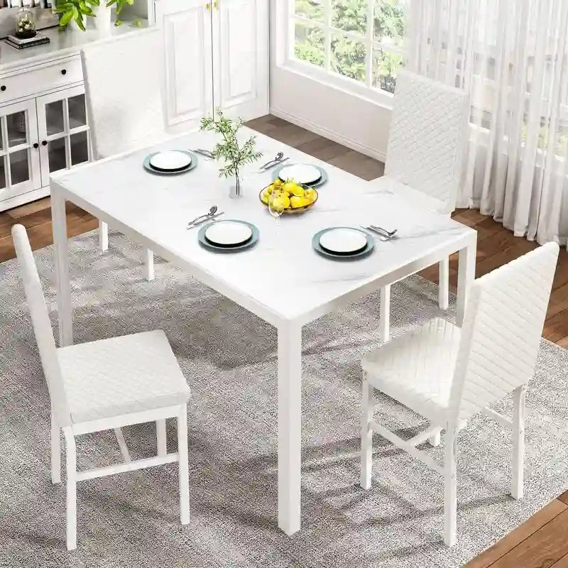 Grondin Contemporary 5-Piece Dining Set with Tempered Glass Table and 4 Diamond-Stitched PU Leather Chairs