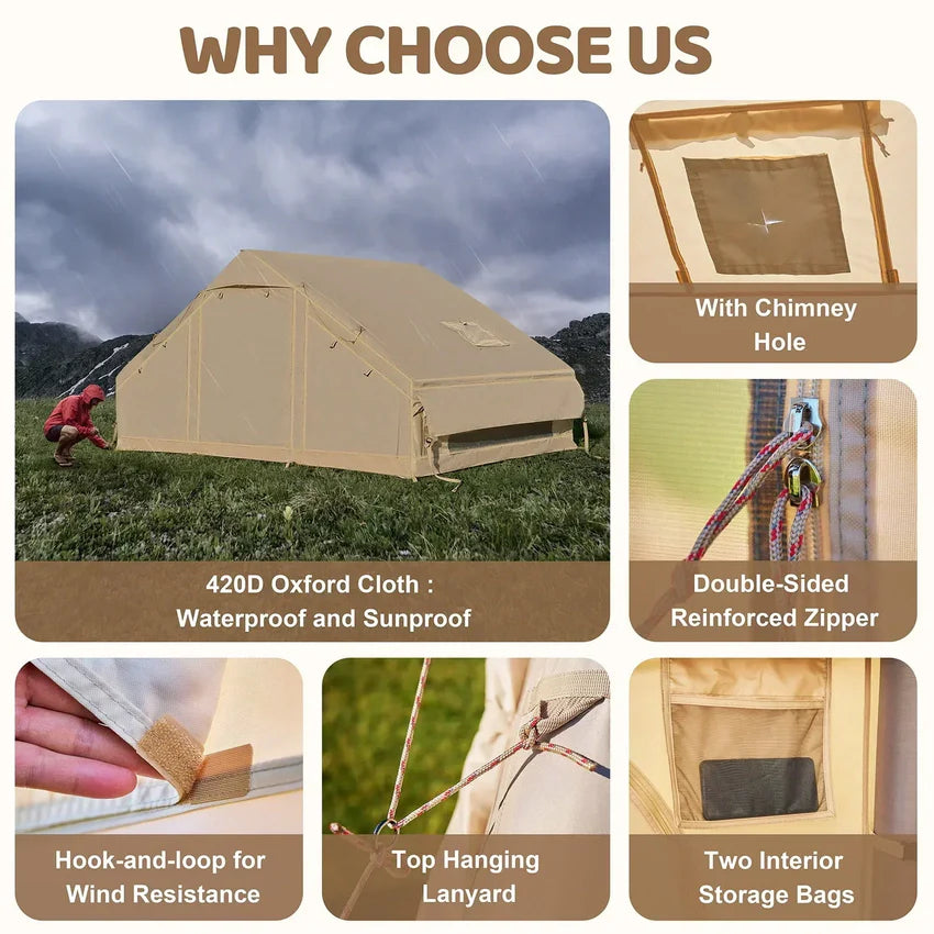 6 Person Inflatable Camping Tent with Pump, 10ft x7ft Glamping Family Tent Easy Setup 4 Season Waterproof Windproof Outdoor Blow Up Tent Luxury Oxford Cabin with Mesh Windows & Doors sgtnighsdesigns