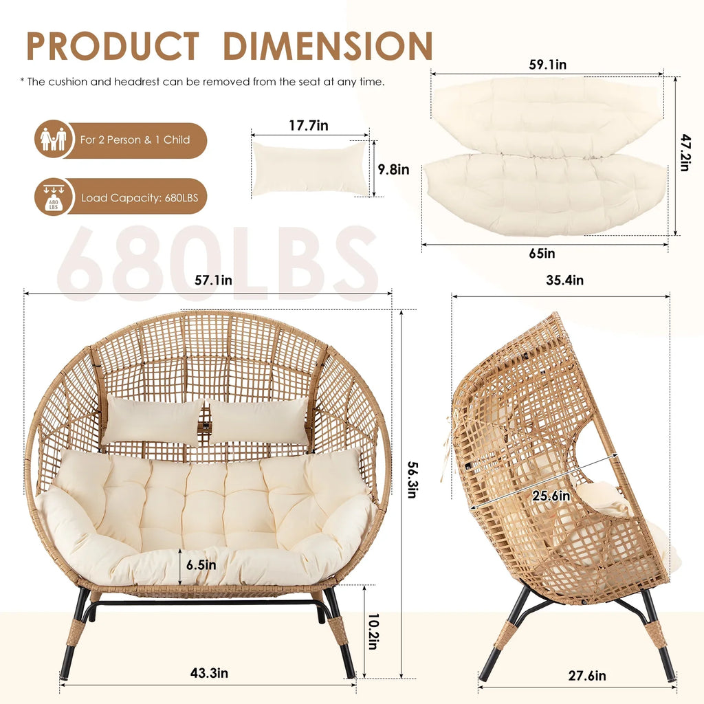 RADIATA Double Egg Chair for 2 Person, Oversized Wicker Loveseat with Thick Cushions, 680 lbs Capacity, Indoor Outdoor Stationary Patio Lounge Chair for Balcony, Garden, Beige