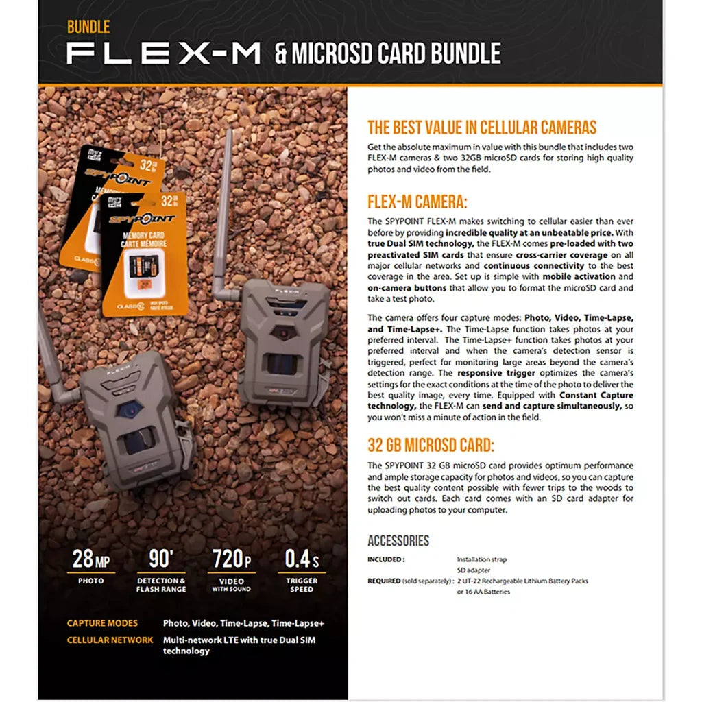 SpyPoint Flex-M Trail Camera Twin Pack, 28MP, 0.4s Trigger, Infrared Flash, SD Cards Included