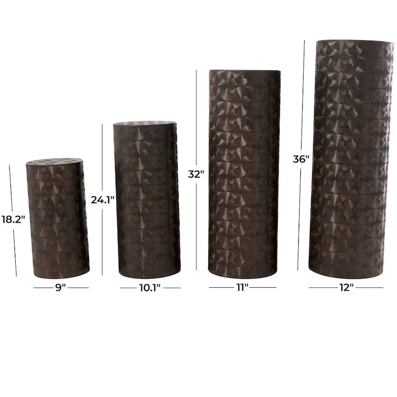 Set of 4 Brown Metal Abstract Tall Slim Pedestal Tables with Grooved Shell or Hammered Finish - Roche River Decor