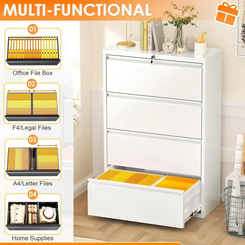 Lockable 4-Drawer Metal Lateral Filing Cabinet