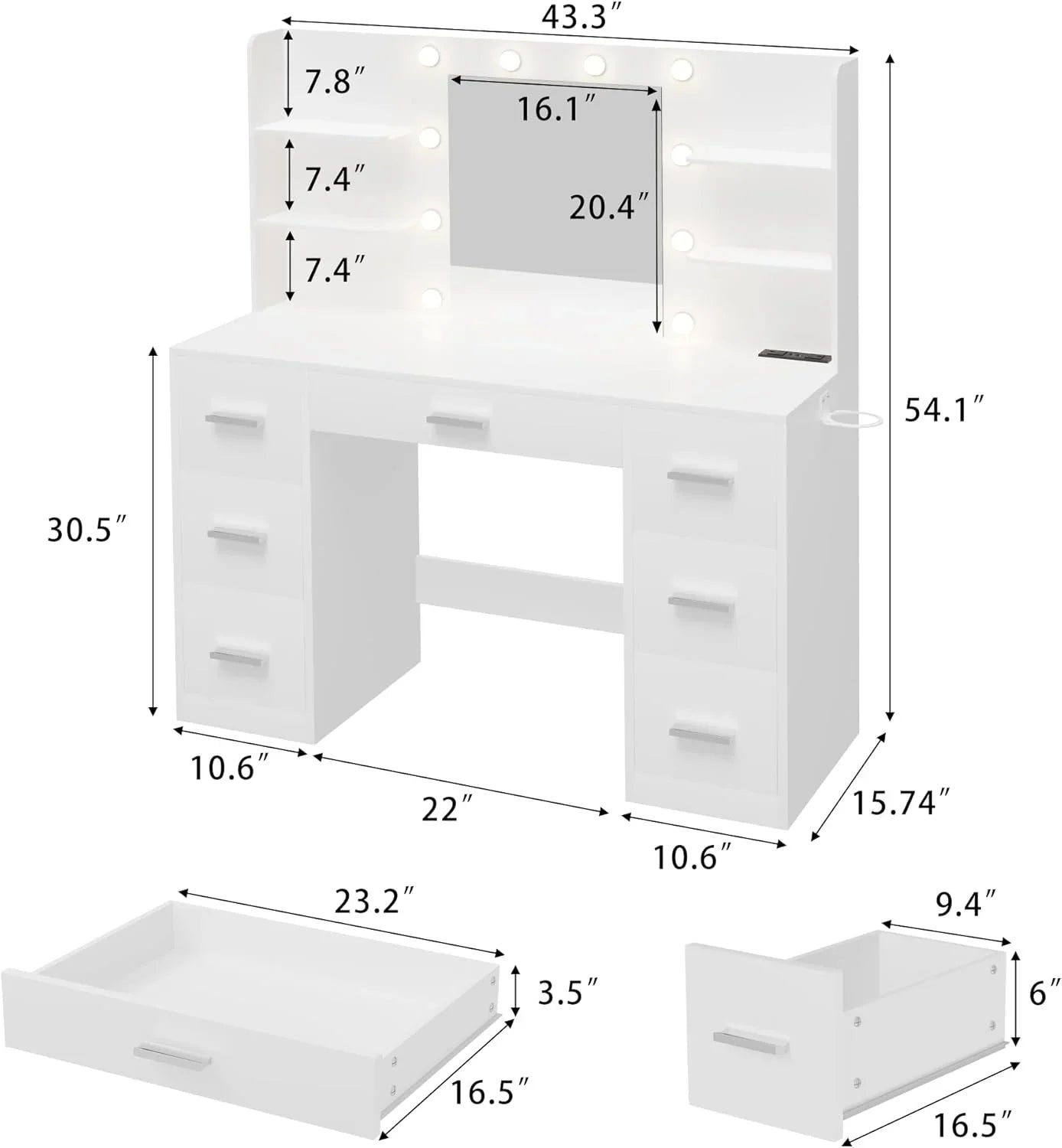 Vanity Desk with Mirror LED Lights and Power Outlet Makeup with 7 Drawers