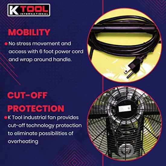 42�测�� Belt Drive Drum Fan; Industrial, Garage, Shop, High Speed 2-Speed, Durable, Cut-Off Protection, Easy Mobility Rubber Wheels; SAFETY YELLOW.
