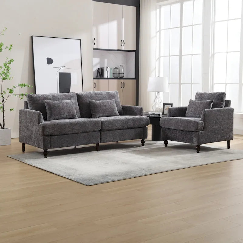HOMEFUN Chenille Upholstered Loveseat and Armchair Set with Wooden Frame for Living Room