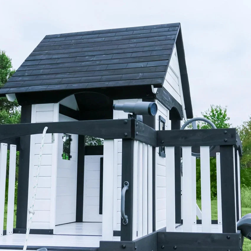 Canyon Creek Cedar Wood Swing Set with Wave Slide, Clubhouse, Play Kitchen, Picnic Area, Belt Swings, Web Swing, Rock Wall, Balconies, Playhouse, Step Ladder, Outdoor Playset
