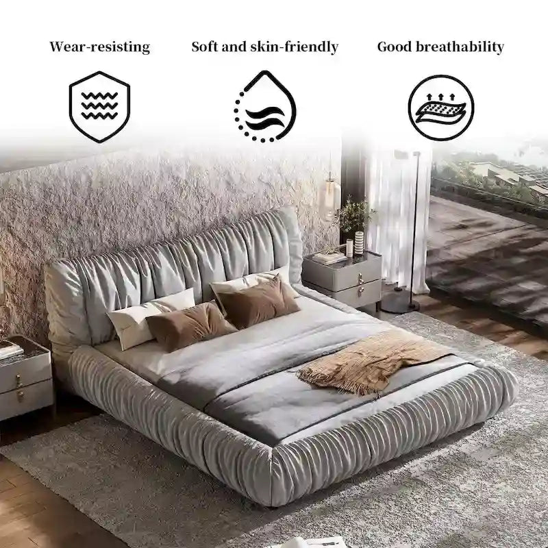 Light Grey King Size Luxury Upholstered Platform Bed with Removable Cushions and Sturdy Wooden Frame