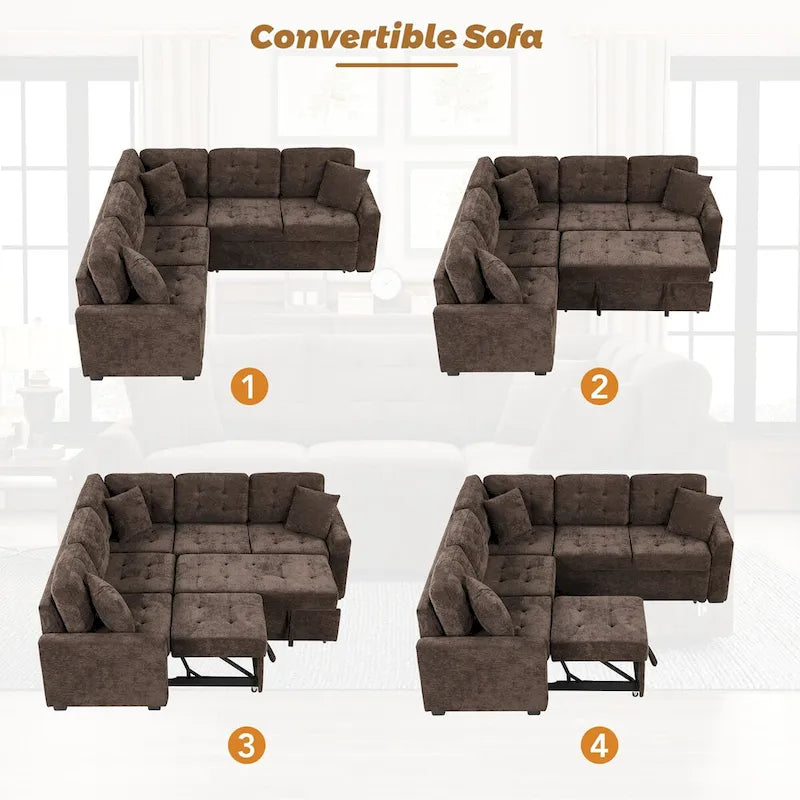L-Shaped Pull-Out Sleeper Sofa with Wheels, USB Charging Ports, and Power Outlets