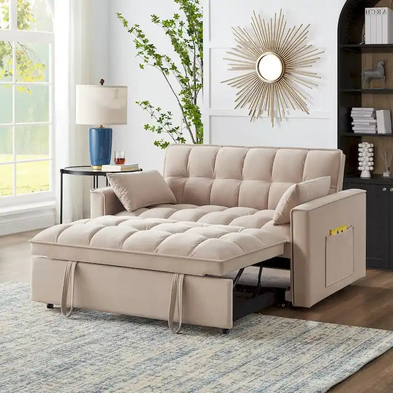 4-in-1 Pull-Out Sleeper Sofa Bed - Loveseat in Velvet -Convertible Couch Bed with Reclining Backrest,2 Side Pockets