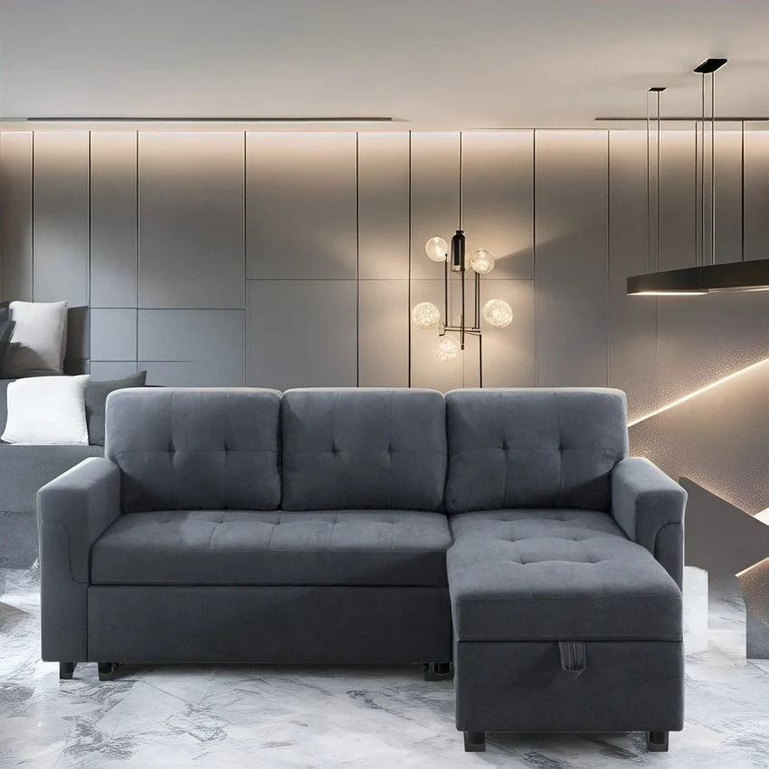 Reversible Sectional Sofa with Pull-Out Sleeper Bed, Hidden Storage Chaise, Durable Legs,