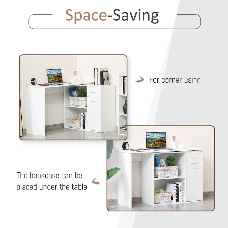 HOMCOM L-Shaped Corner Computer Desk with Rotating Storage Shelves and Drawer for Home and Office Workspaces