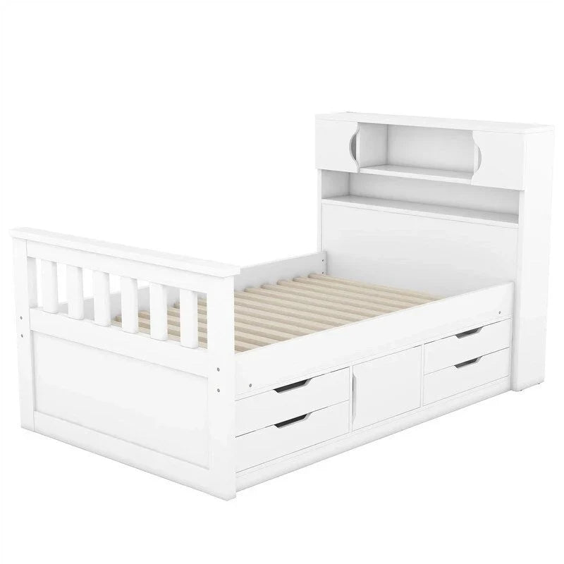 Twin/Full Size Captain Platform Bed with 4 Drawers and Storage Shelves, Solid Wood Bed Frame with Storage Bookcase Headboard