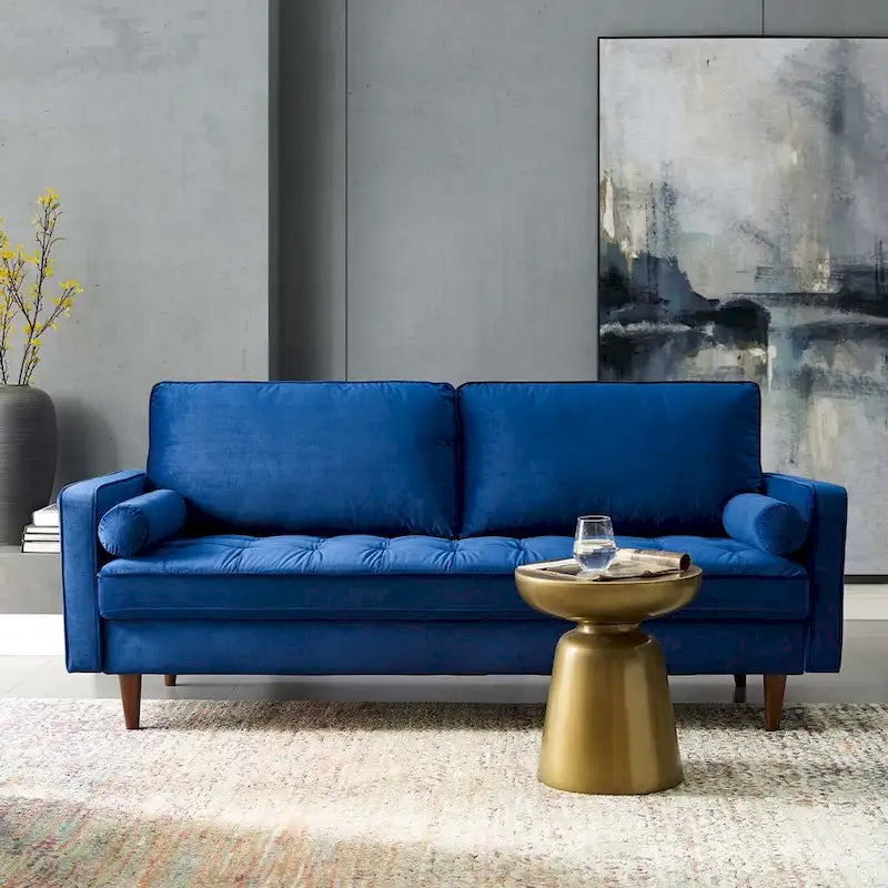 Mid Century Velvet Sofa with Tufted Back and Wooden Legs