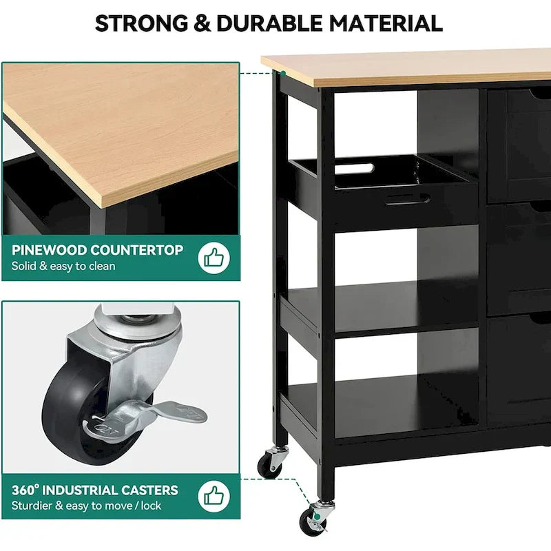 Kleio Solid Wood Kitchen Island Storage Cart with 3 Drawers - Rolling Serving Trolley
