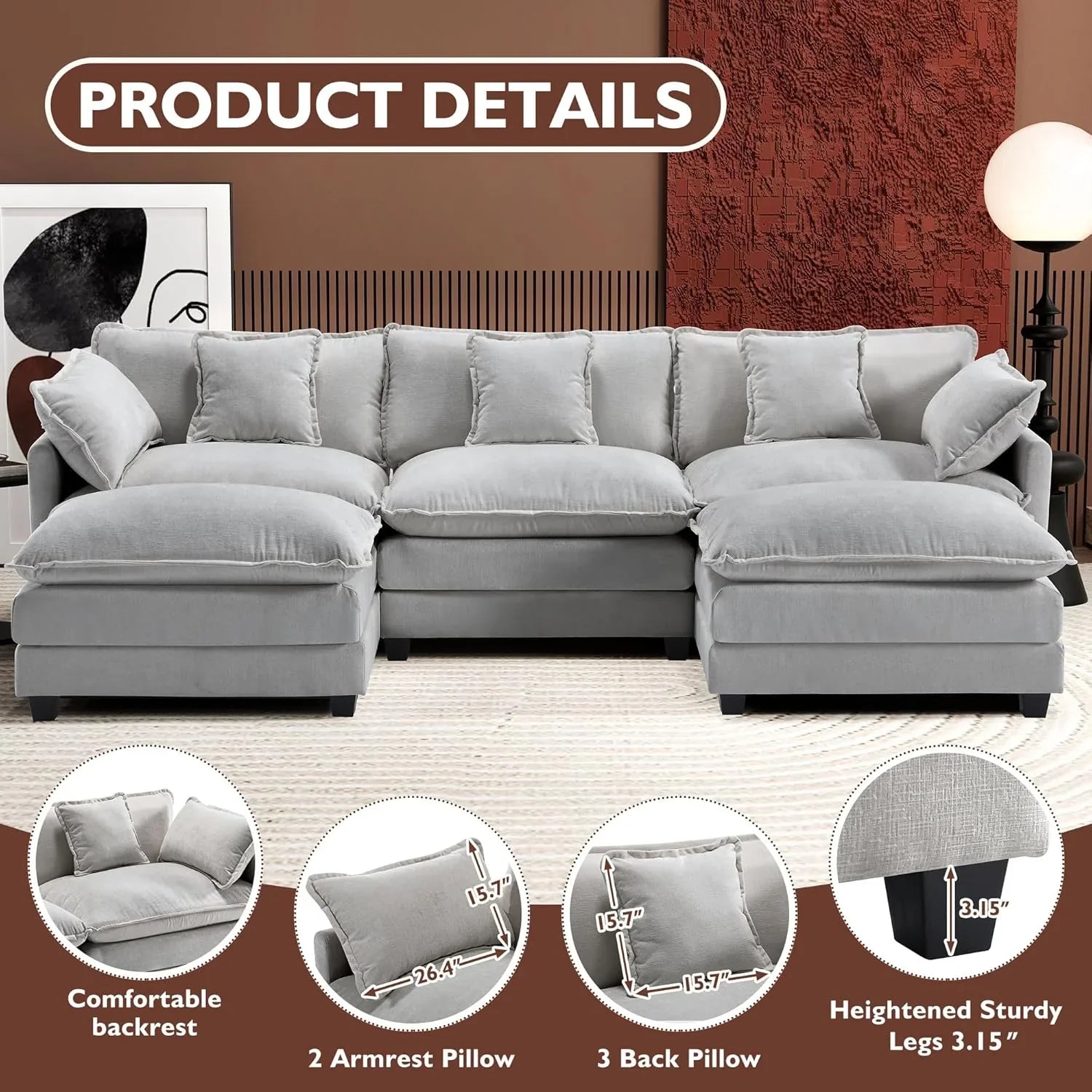 111.4 Inch L-Shaped Modern Sofa Modular Cloud Sofa Ottoman 4-Seater Chenille Deep Seat Sofa