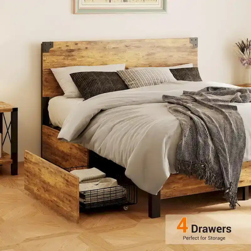 Metal Bed Frame with Wooden Headboard and 4 Storage Drawers