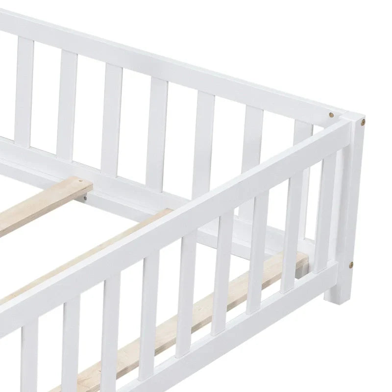 Kids' Full-Size Wooden Floor Bed with Fence and Door