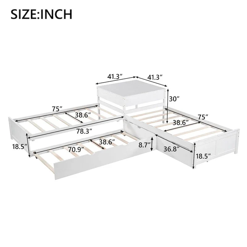 White Modern Twin Size L-shaped Platform Bed with Trundle and Drawers for Bedroom