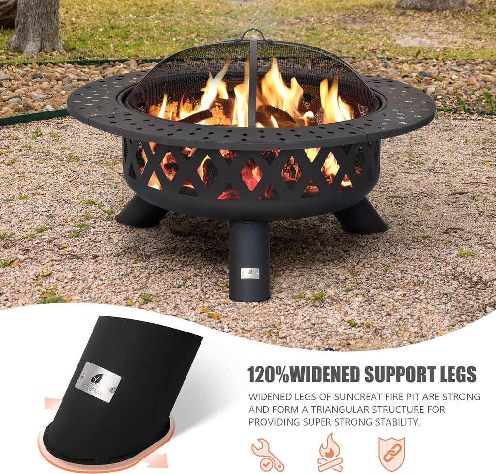 SUNCREAT 42�� Patio Fire Pit Wood Burning with Mesh Spark Screen, Bonfire Outdoor firepit with Fireplace Poker, Black