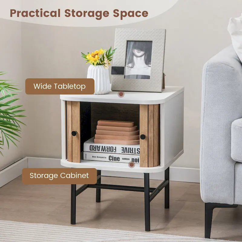 Set of 2 Nightstands with Sliding Doors and Metal Legs