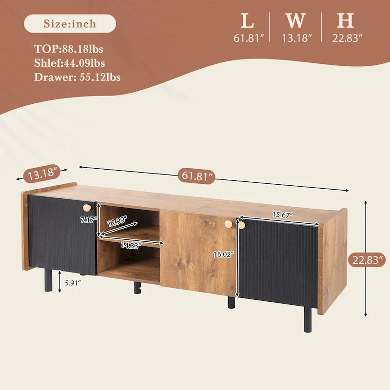 Mid-Century Modern TV Stand with 3 Cabinets - Media Console for TVs up to 70 inches, Stylish Entertainment Center with Storage for Living Room