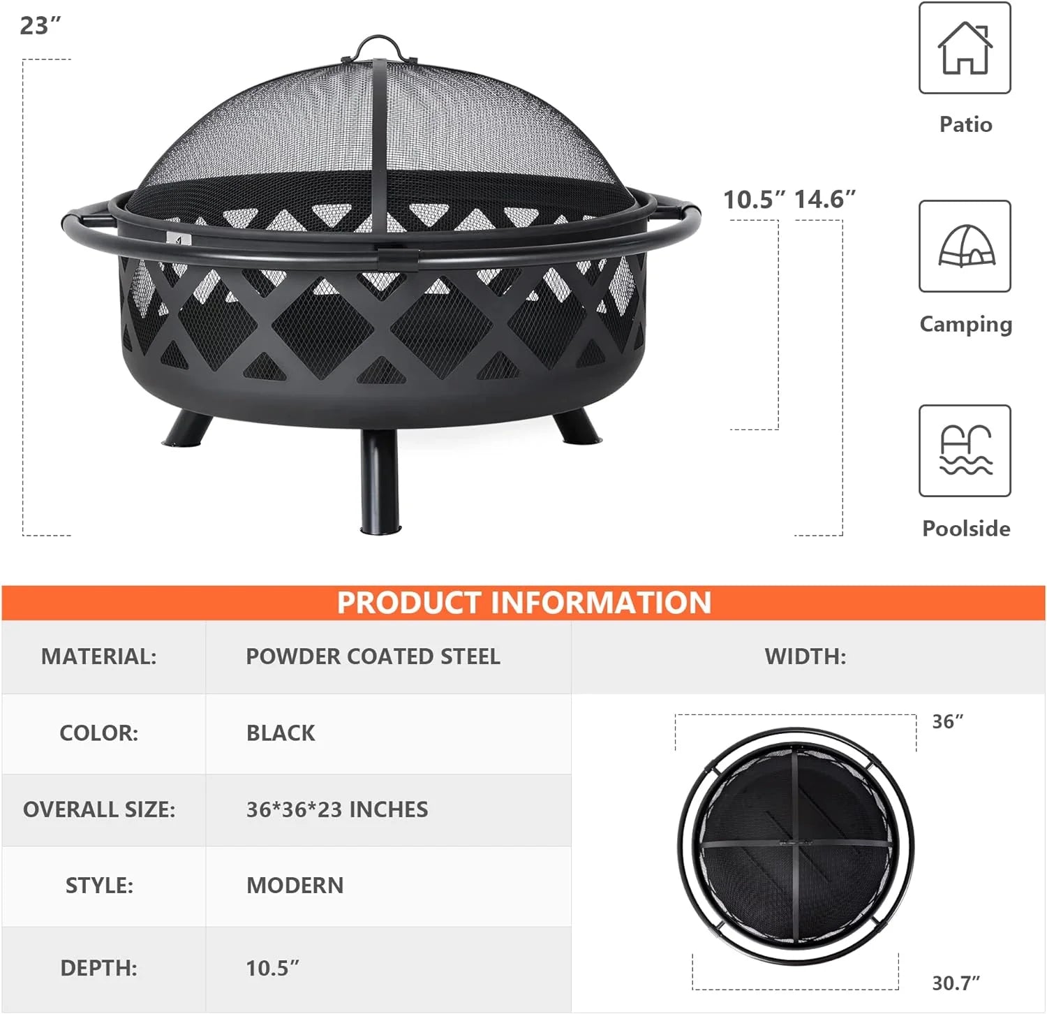 SUNCREAT 42�� Patio Fire Pit Wood Burning with Mesh Spark Screen, Bonfire Outdoor firepit with Fireplace Poker, Black