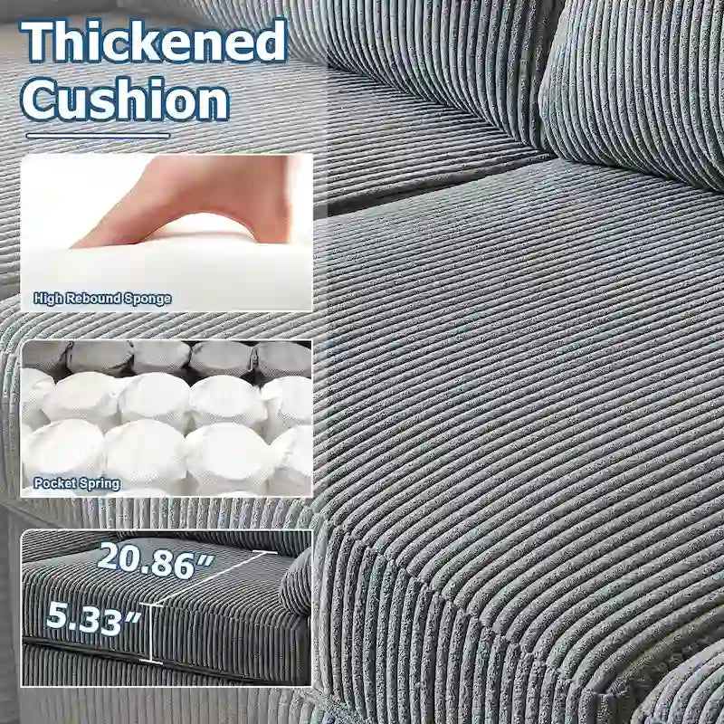 HOOOWOOO Reversible Corduroy Chaise Sofa with Wide Armrests and Ottoman for Living Room