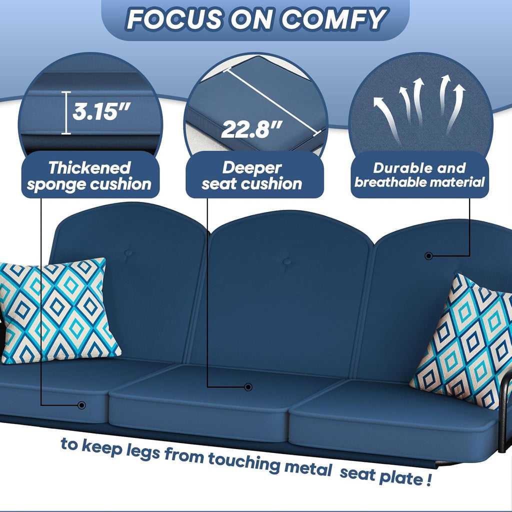 3 Seat Outdoor Porch Patio Swing with Stand 800lbs 2-in-1 Convertible Swing Bed with Adjustable Canopy & Removable Cushion for Yard Garden Deck (Blue  Square Tube)