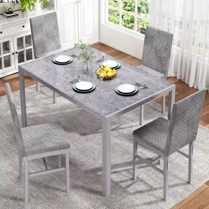 Grondin Contemporary 5-Piece Dining Set with Tempered Glass Table and 4 Diamond-Stitched PU Leather Chairs