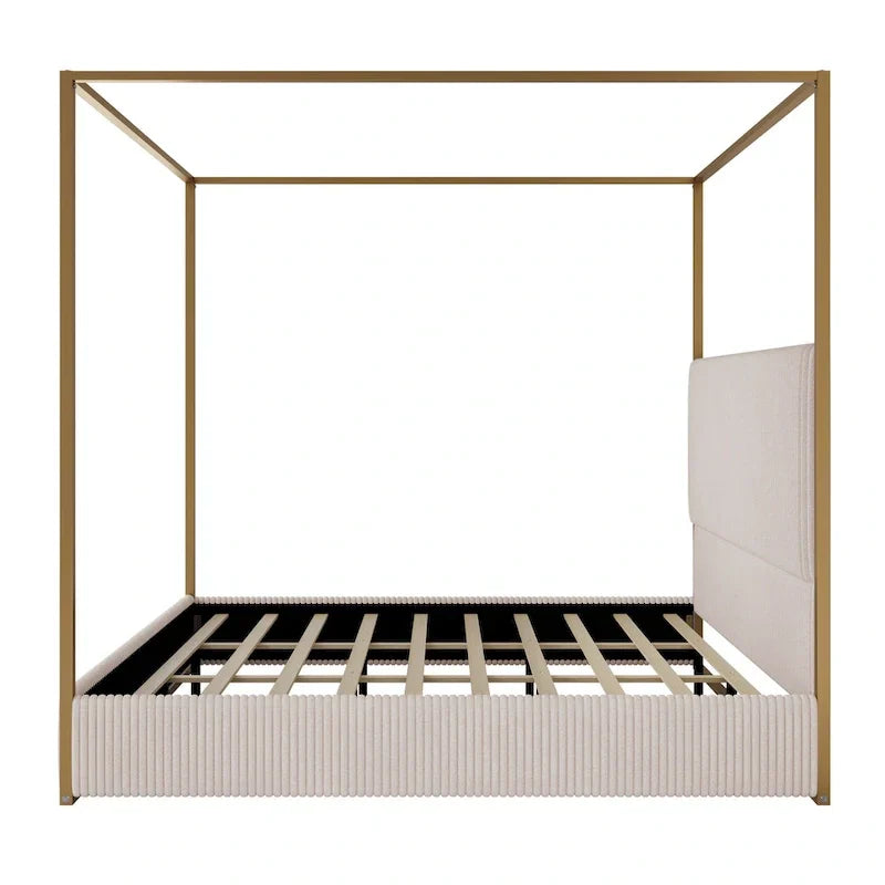 Metal Canopy Platform Bed with Vertical Stripe Upholstered Wingback Headboard - Four Poster, Low Profile Design