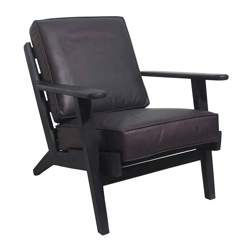 Handcrafted Amber Accent Chair with Slatted Mango Wood, Buffalo Leather Cushions, and Angled Legs