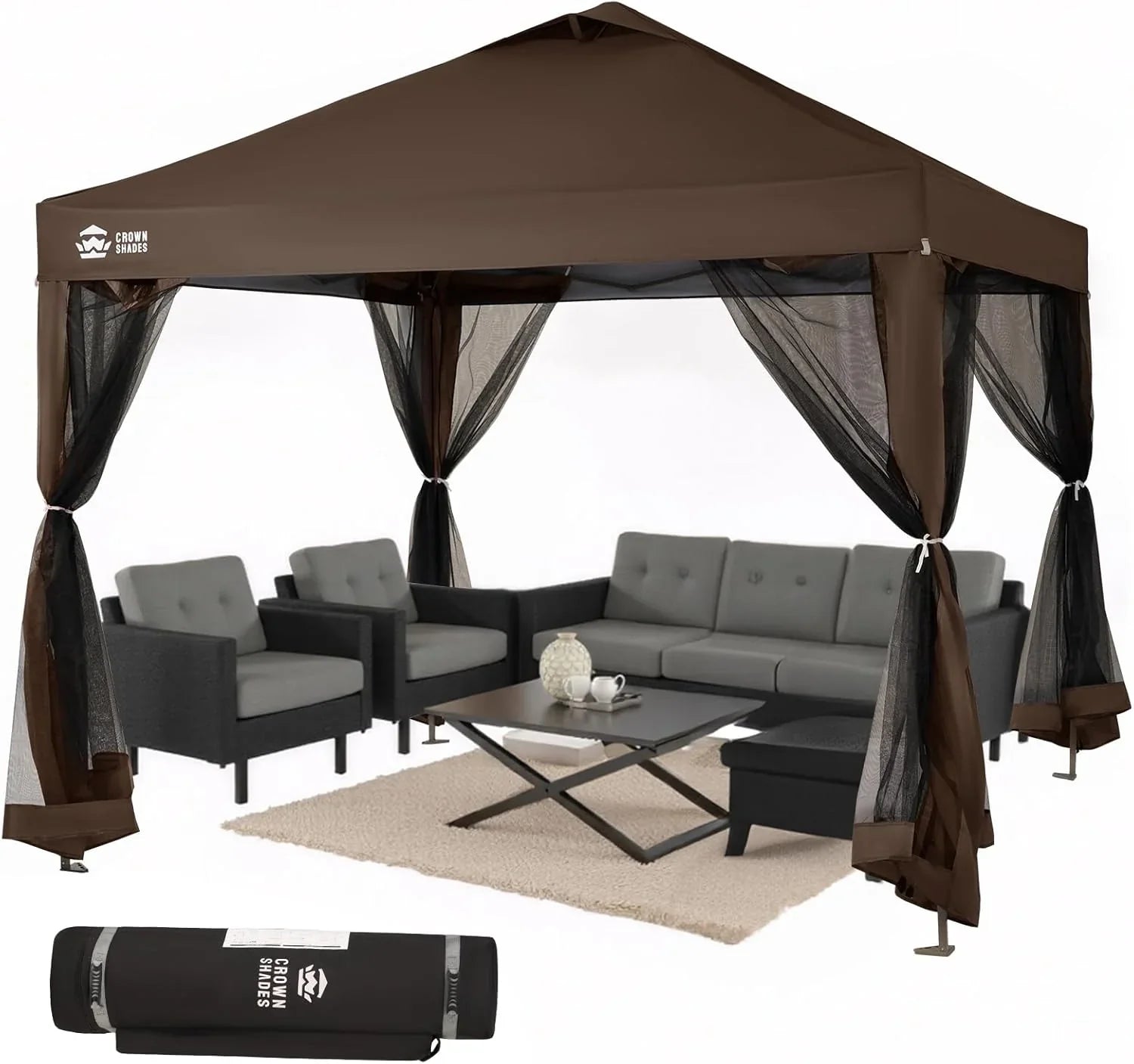 CROWN SHADES 13x13 Pop Up Gazebo, Canopy Tent, Gazebos on Clearance - Outdoor Gazebo for Backyard & Patio Furniture - Carpa Pop Up Tent with Wheeled STO-N-Go Cover Bag (Beige & Coffee)