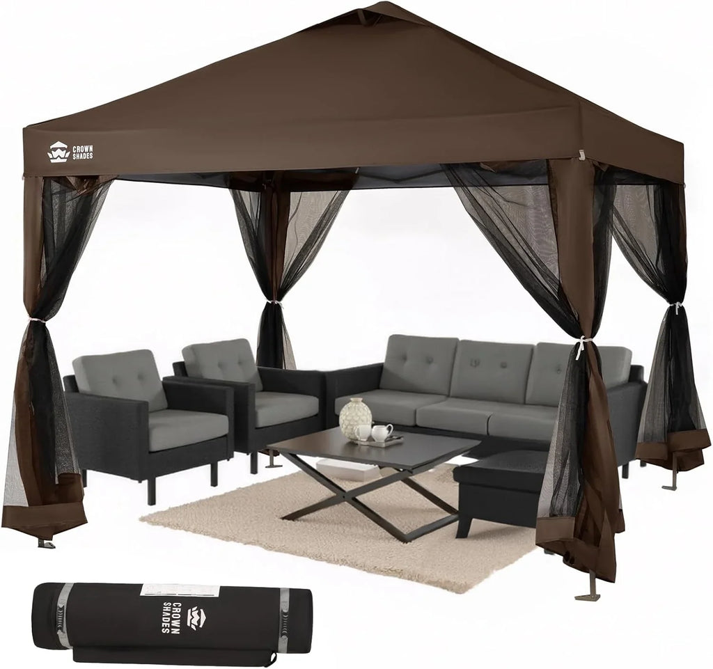CROWN SHADES 13x13 Pop Up Gazebo, Canopy Tent, Gazebos on Clearance - Outdoor Gazebo for Backyard & Patio Furniture - Carpa Pop Up Tent with Wheeled STO-N-Go Cover Bag (Beige & Coffee)